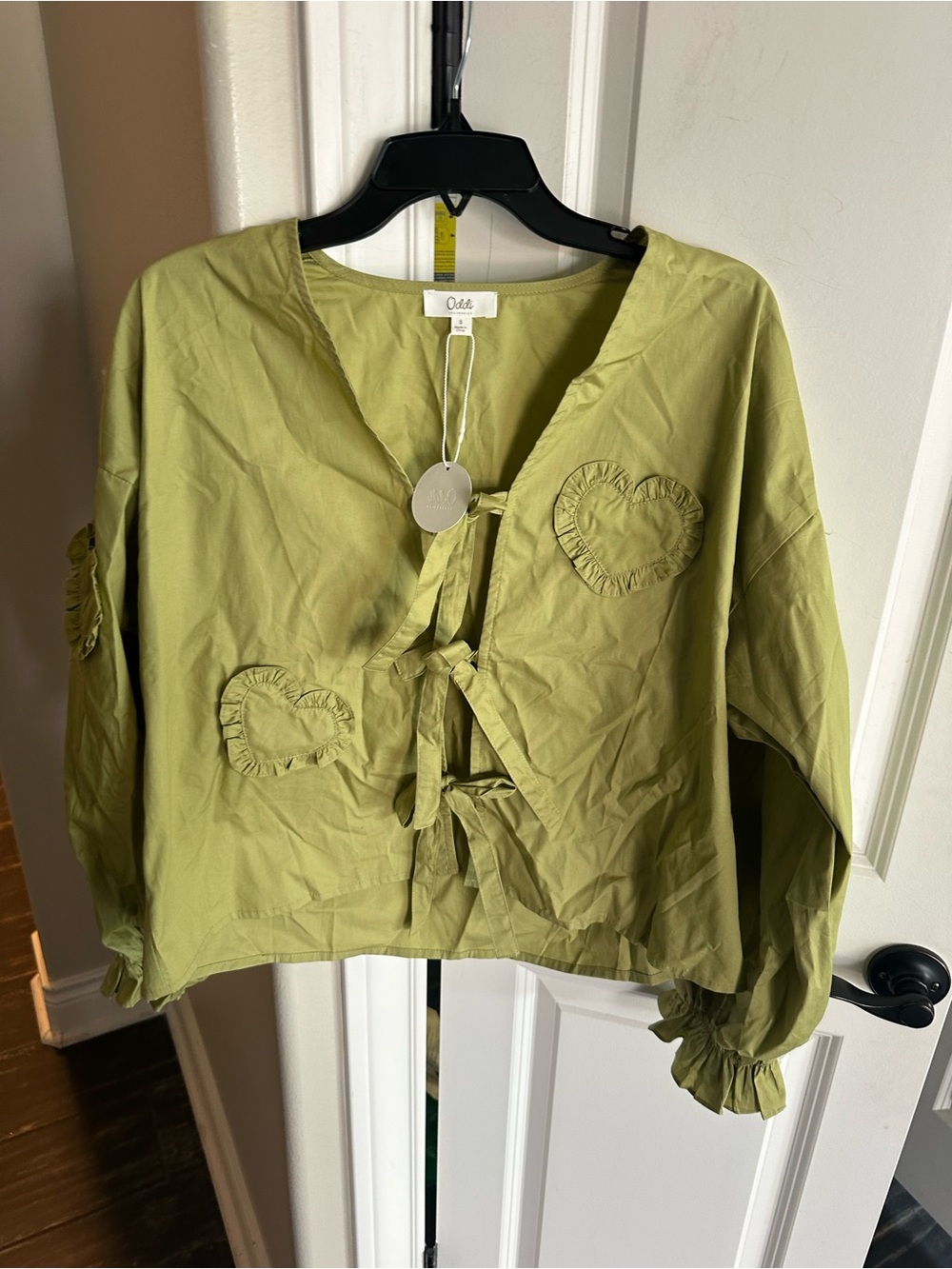cleo Olive Green Heart Appliqué Tie-Front Women’s Top